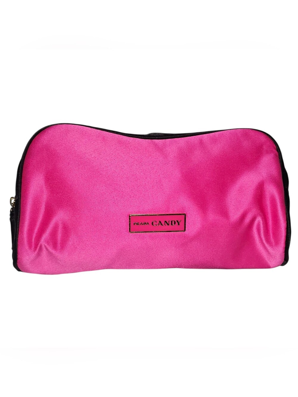 PRADA CANDY Hot Pink Satin Makeup Cosmetic Bag Pouch Black Trim Gold Zipper